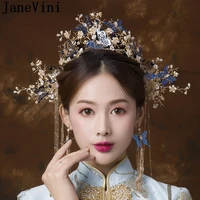 janevini chinese style bridal hair sticks pins blue butterflies beaded pearl bride tiaras ancient wedding headpieces earrings