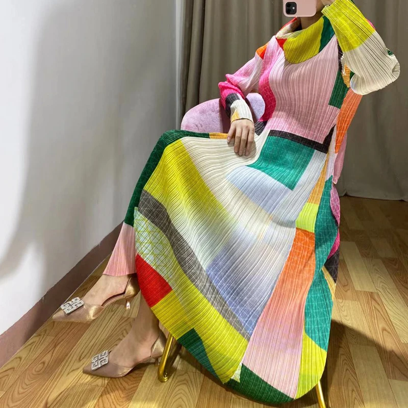 Changpleat осеннее Новое Женское платье с высоким воротом и принтом Miyak Плиссированное модное большое эластичное женское длинное платье с длинным рукавом