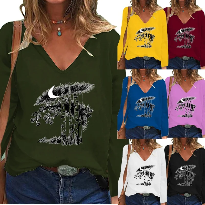 

Autumn and Winter Women Fashion Printing Graphic Tee Elegent Long Sleeve V-neck Pullover Loose Casual Shirt-tops