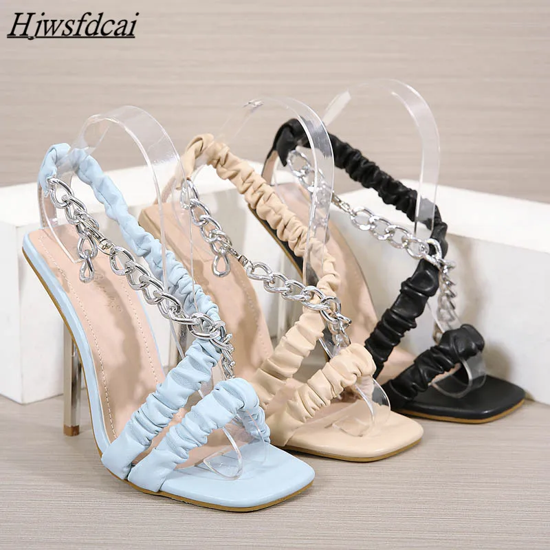 

Hjwsfdcai Fashion Design Sandals Summer Narrow Band Chain Sexy Stilettos Square Head Pleated Sandals Cross-Strap Gladiator Shoes