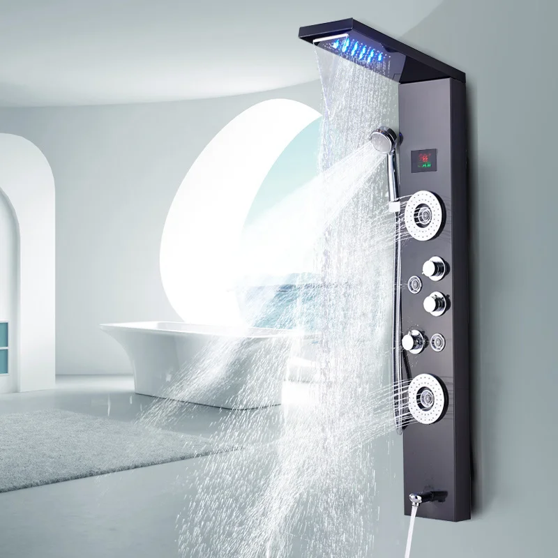 

Newly Luxury Black/Brushed Bathroom Shower Faucet LED Shower Panel Column Bathtub Mixer Tap With Hand Shower Temperature Screen