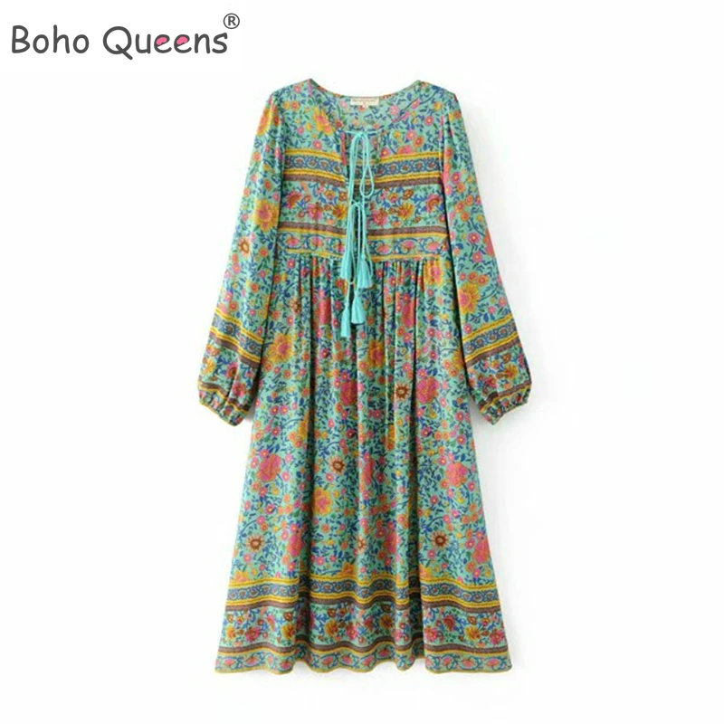 Boho королев для женщин зеленый цветочный принт длинное пляжное богемное женское