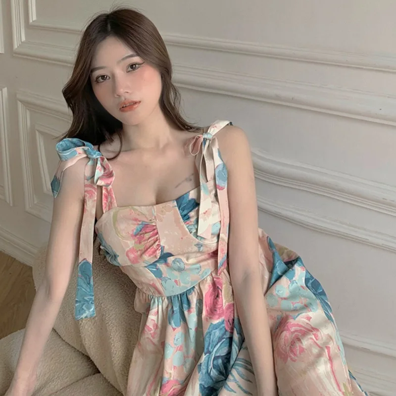 

Summer French Dress Female Suspender Dress Mid-length Floral Sling Women Vestidos Holiday Dress Femme vestido de mujer