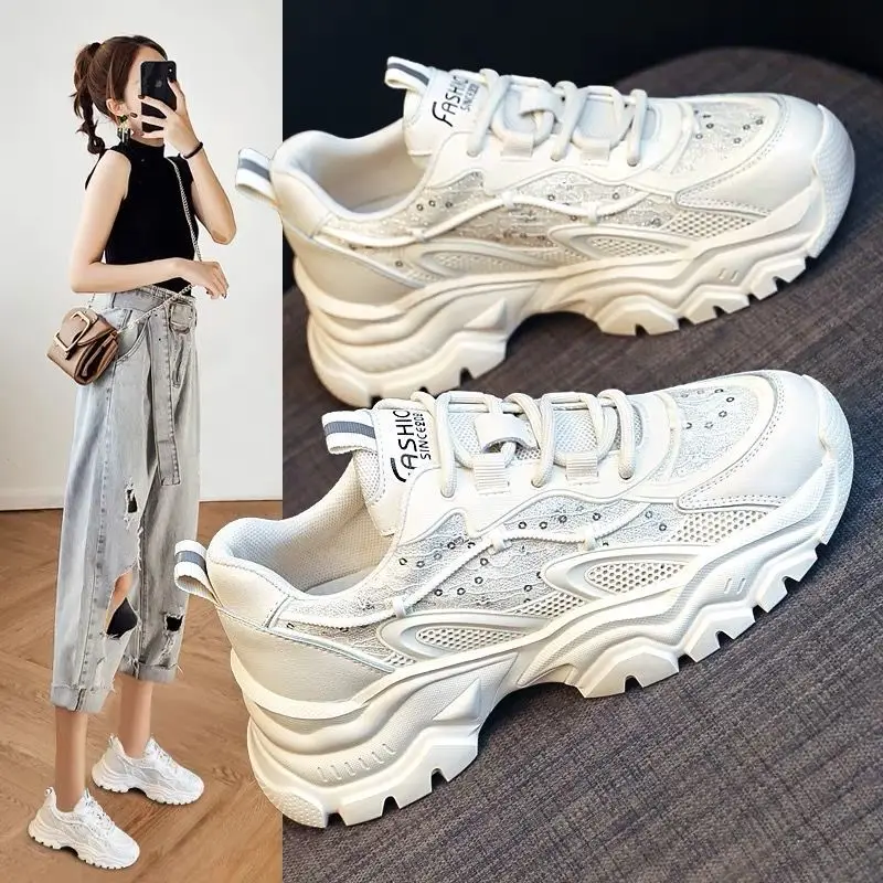 Fried Street Dad Shoes Women's 2021 Autumn New Thick Sole Increased Comfortable Breathable White Shoes Sports Casual Shoes