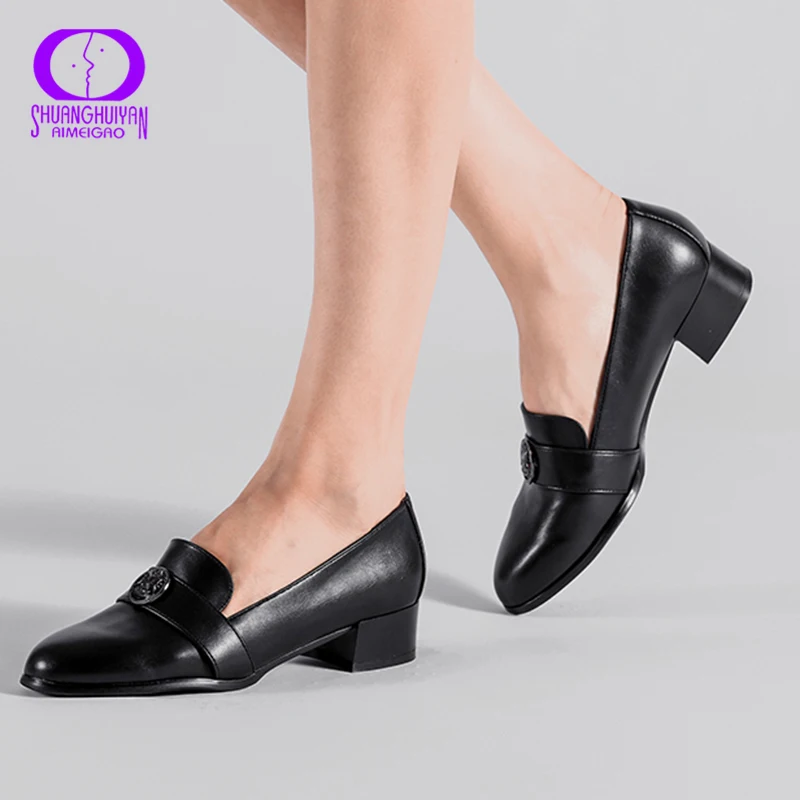 AIMEIGAO Medium Heels Classic Shoes Women Pumps PU Leather Square Heel Black Thick Spring Autumn Shoes|Женские туфли| |