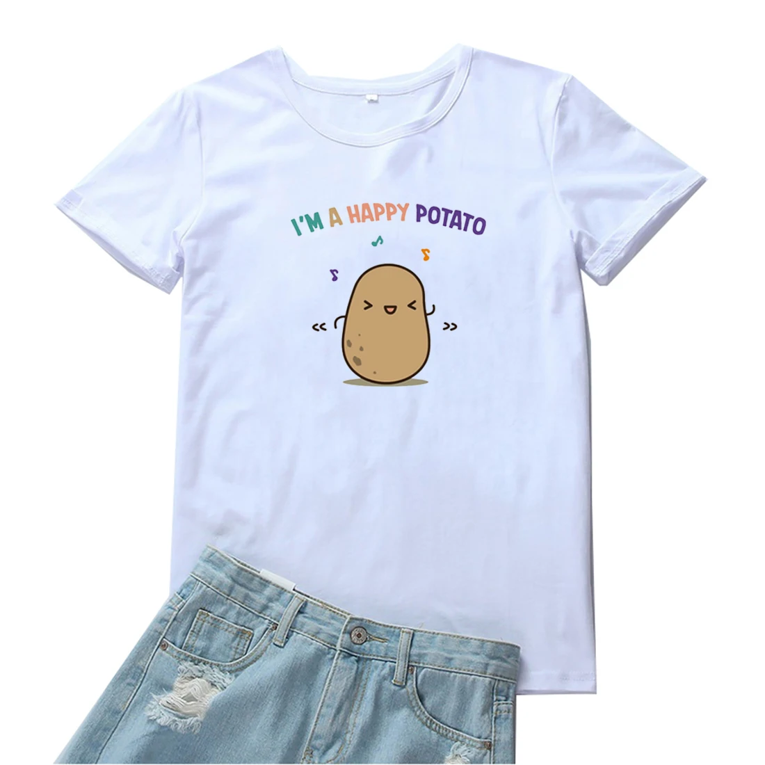 

Женская футболка «я счастливый картофель», Забавные милые футболки с графическим рисунком из мультфильма, женские топы, модная футболка с к...