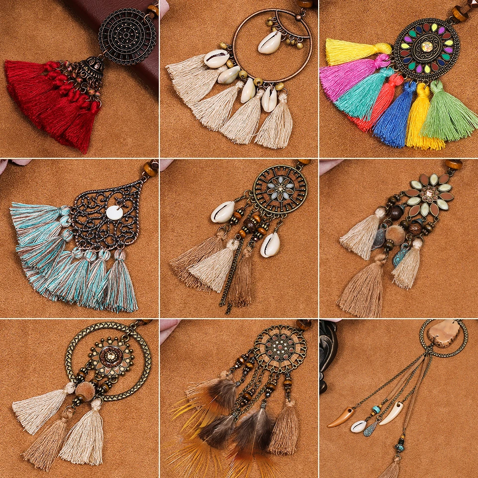 Бохо Этнические Длинные Разные Цвета Ожерелья с Кисточкой Для Женщин Кожаная