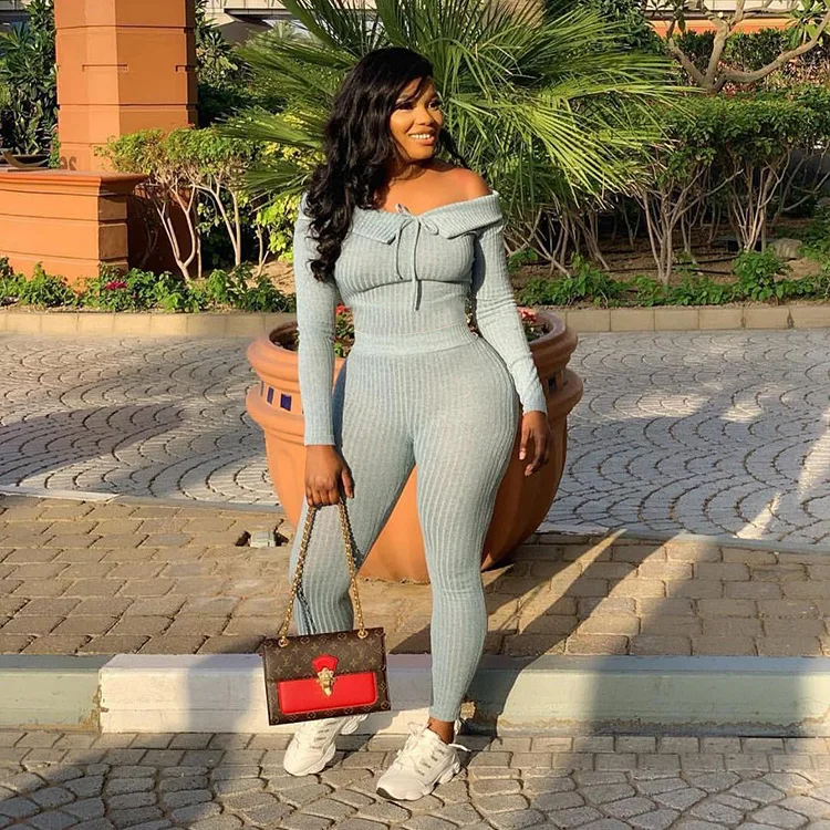 

Hot Recommend Style Knit Fall Winter Women Sets Two Piece Outfits Slash Collar Long Sleeve Pullover Top Trousers Sexy Club Wear