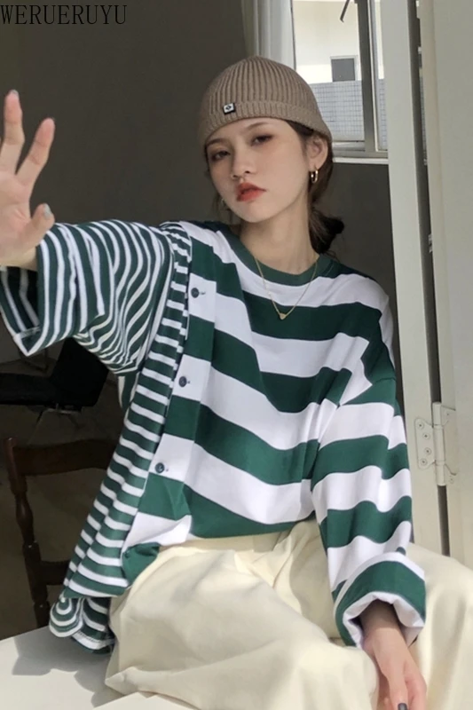 

WERUERUYU Casual Fashion Striped Long Women Tops 2020 Summer New O-neck Half Sleeve Irregular Loose Female T-Shirts