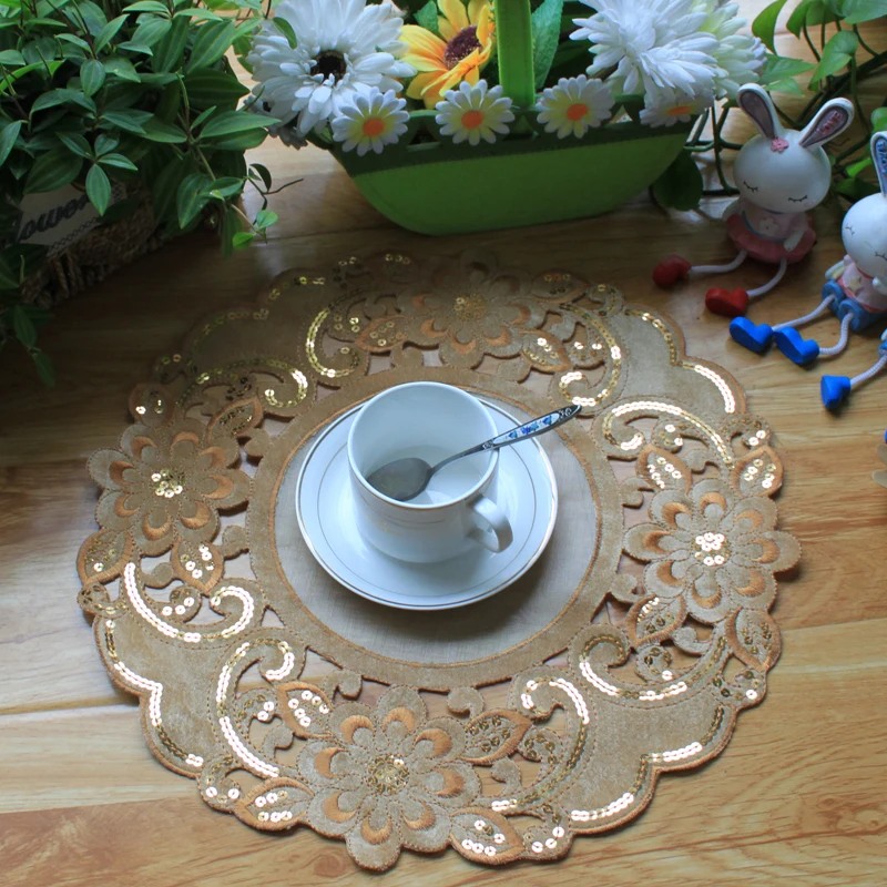 

European Embroidery Sequins Round Retro Placemat Coffee Cup Table Mat Coaster Bedroom Balcony Living Room Study Party Decoration