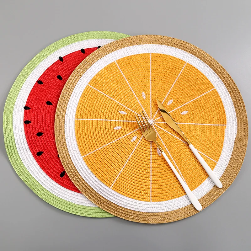 

PP Woven Round Placemat Cartoon Fruit Dining Table Plate Mat Bowl Watermelon Lemon Drink Coasters Kitchen Accessories Home Decor
