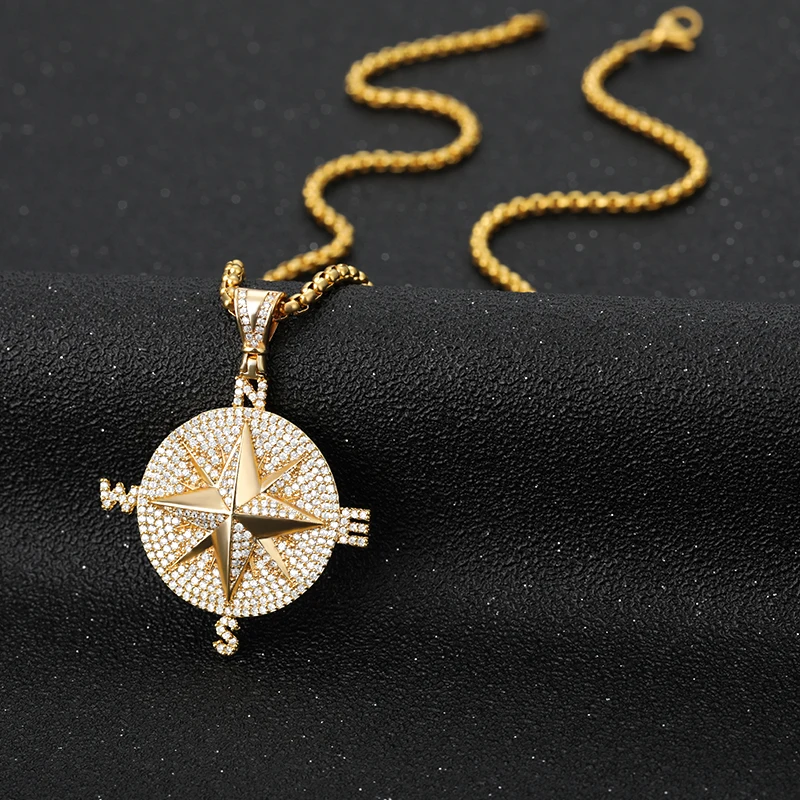 

Compass Pendant Necklace Hip Hop Style Charm Jewelry Necklace For Man Jewelry Gift Gold Silver Color Stainless Steel Bead Chain