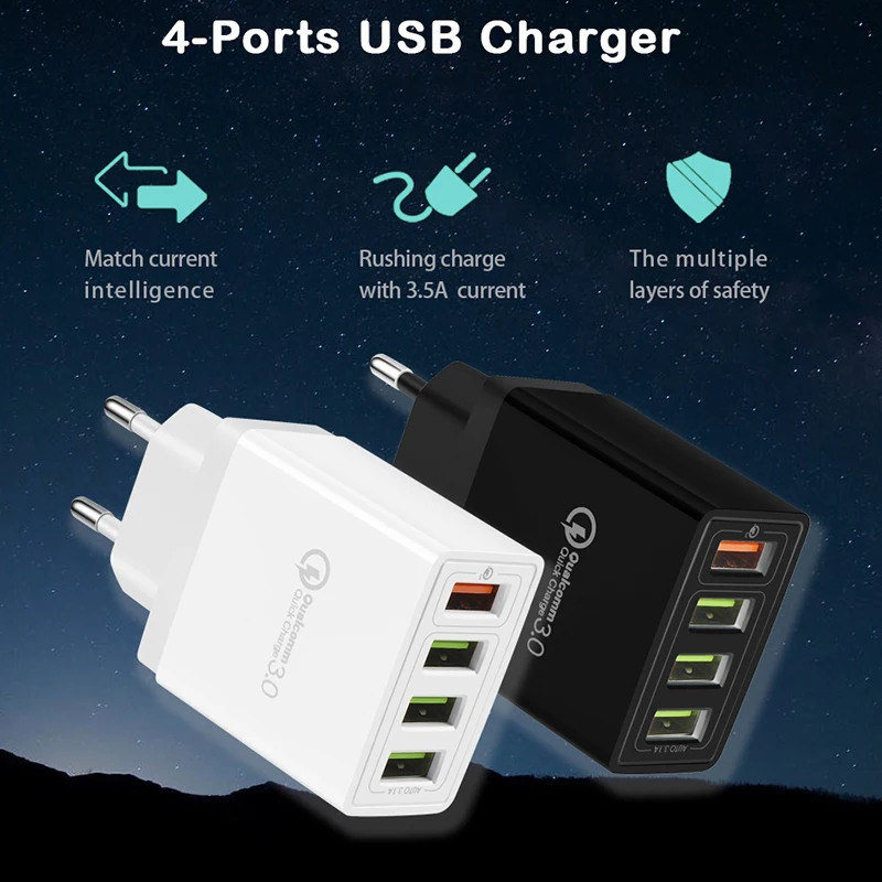 Зарядное устройство USB 4 порта Quick Charge 3,0 для samsung iPhone XiaoMi настенный мобильный телефон Универсальный адаптер Быстрая зарядка 4,0 CinkeyPro