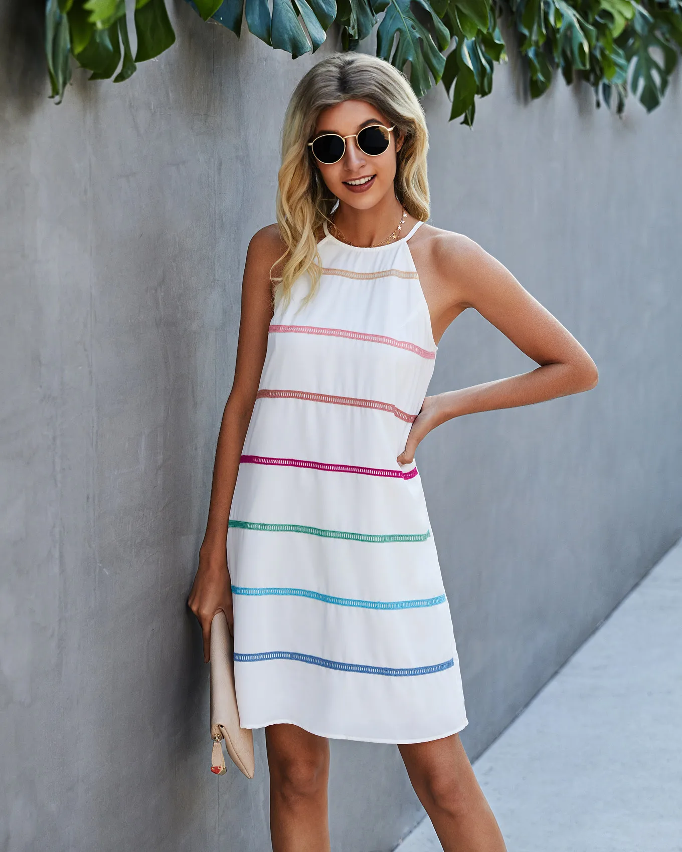 

2021 Fashion Women's Stitching Rainbow Ribbon Contrast Color Women's Dress