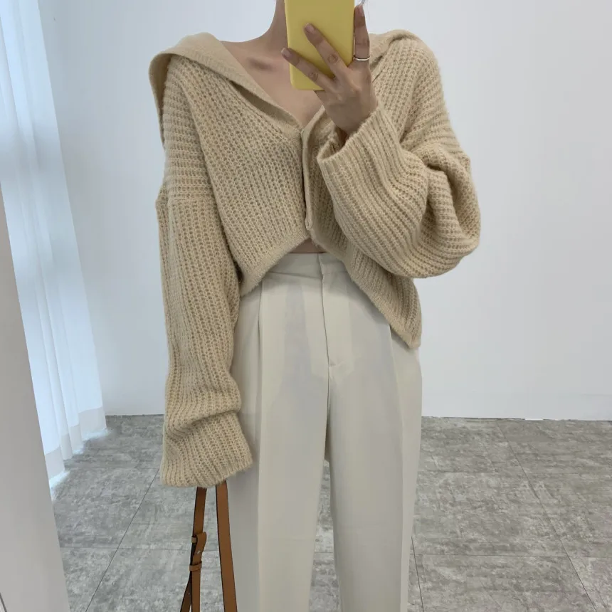 

High Waist Cardigans Sweaters Chic Sailor Collar Solid New Autumn 2021 OL Loose Lazy Style Elegant Hot Women Tops