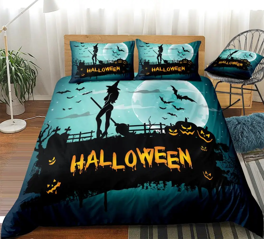 

3D Halloween Bedding Set Blue Quilt Cover Witch Duvet Cover Set King Dropship Bat Home Textiles Kids Boys Girls Pumpkin Lantern