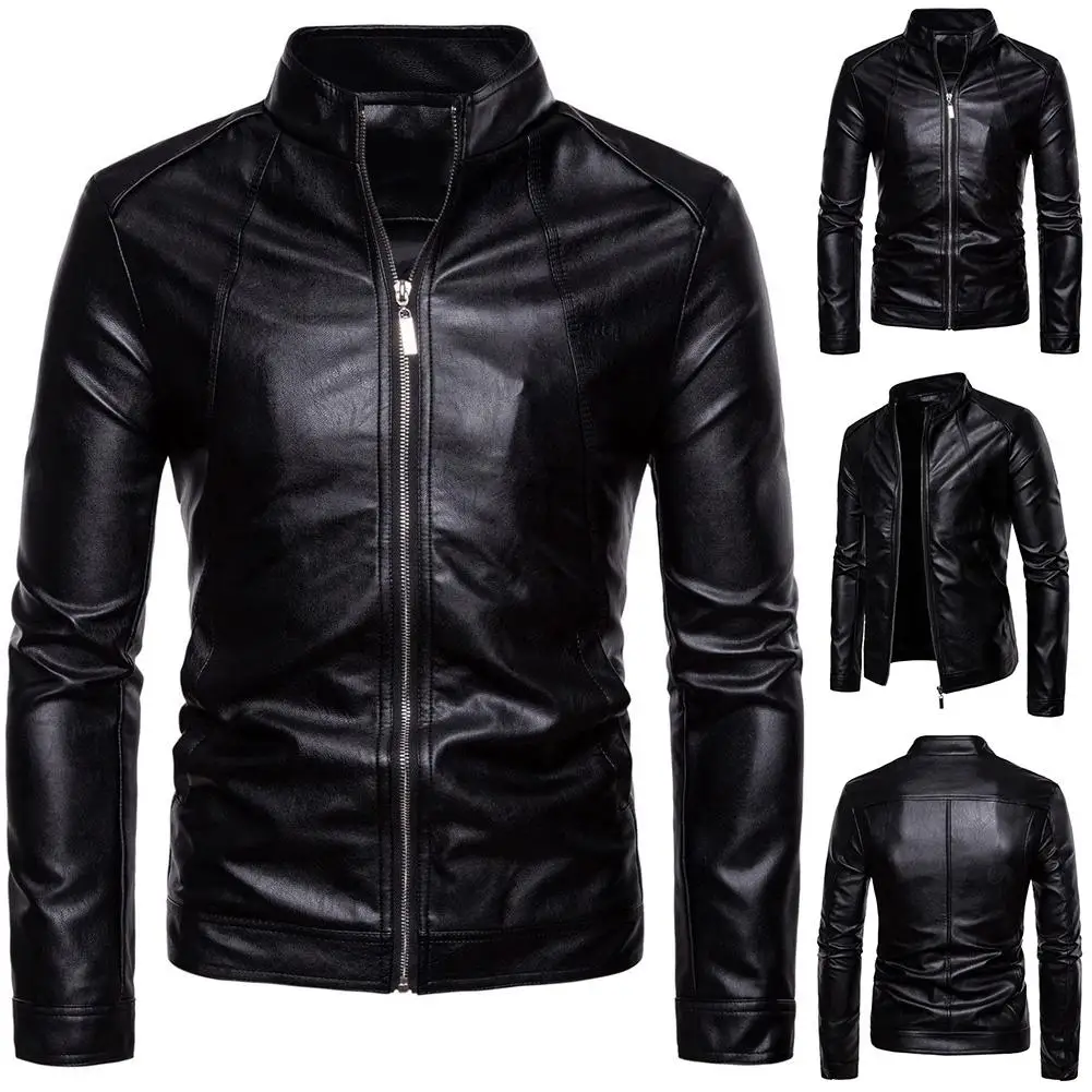 

Men Faux Leather Solid Color Stand Collar Long Sleeve Zip Motorcycle Jacket Coat