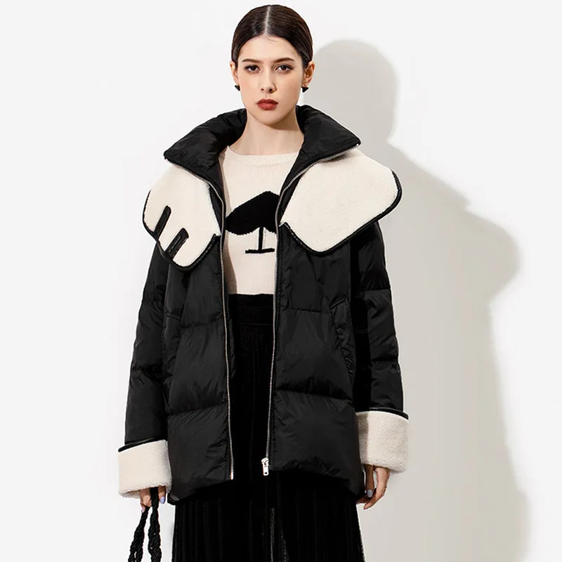 

Women's Winter Jacket White Duck Down Cotton Design Sense Bread Short Korean Loose Thicken Personality Lamb Hair Stitching Coat