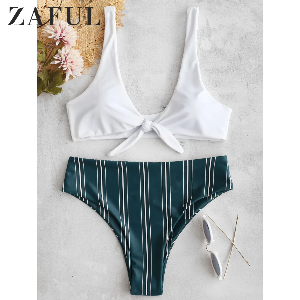 Женский купальный костюм в полоску с высокой талией и глубоким вырезом | Женская