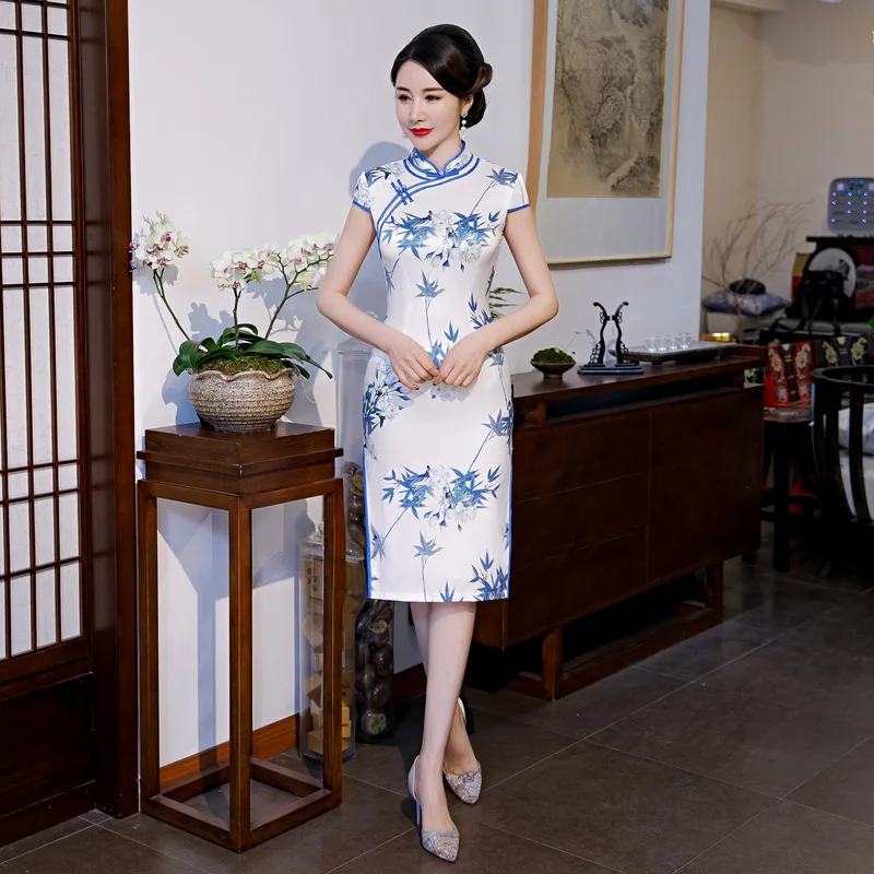 Атласное шелковое платье Ципао для женщин короткое в китайском стиле размеры 3XL