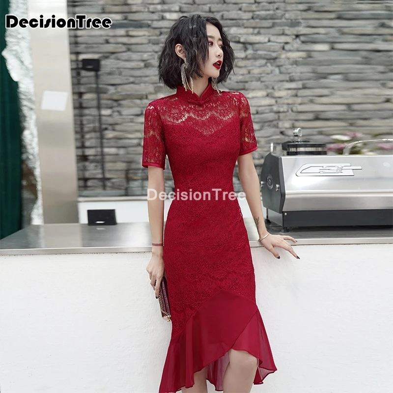 Женское кружевное платье Ципао Элегантное Длинное Красное Русалка с воротником