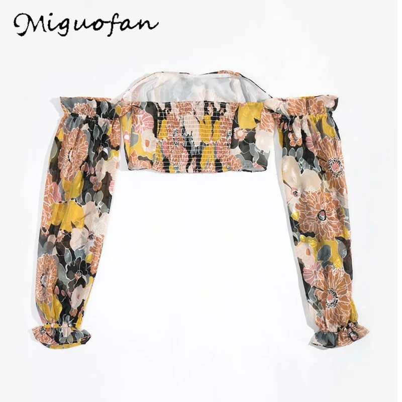 Miguofan блузка с открытыми плечами рубашки цветочный принт фонарь длинный рукав