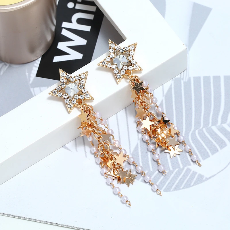 Серьги со звездами и жемчугом с кисточками для женщин в Корейском стиле модные