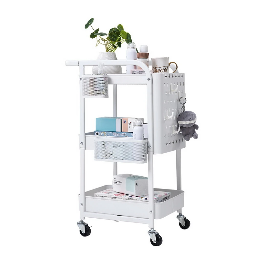 

3-Tier Storage Shelf Rolling Cart Rack with Peg Board Hooks Baskets White Home Use[US-Stock]