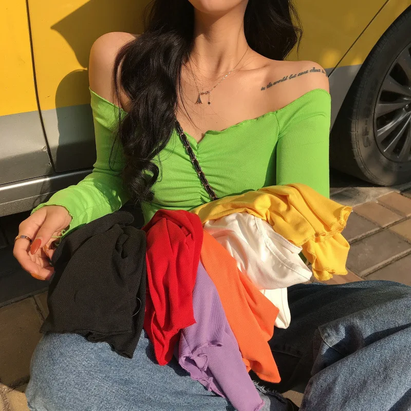 Пикантная женская футболка с открытыми плечами облегающие топы черный красный