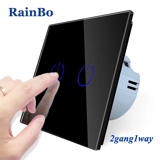 Rainbo Фирменная Новинка Кристалл Стекло Панель стена ЕС Стандартный 110~ 250 В сенсорный выключатель Экран настенный выключатель света 2gang1way A1921W/B - Цвет: Black