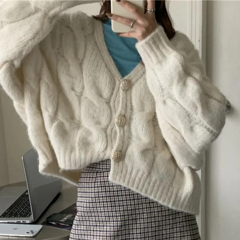 

New Women's Pink Crop Top Sweater Coat Lazy Korean Clothes Loose Knitted Cardigan V-neck Fashion Tops Cute Jacket 2021