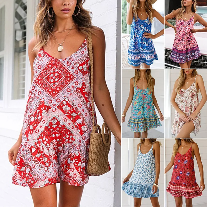 

Женское платье, элегантное винтажное платье с богемным принтом, одежда без рукавов, сексуальное платье