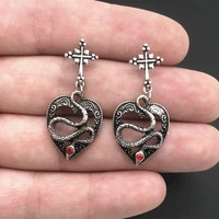 style dark punk gothic vintage ancient silver color cross hollow heart shaped snake ear stud dangle earrings