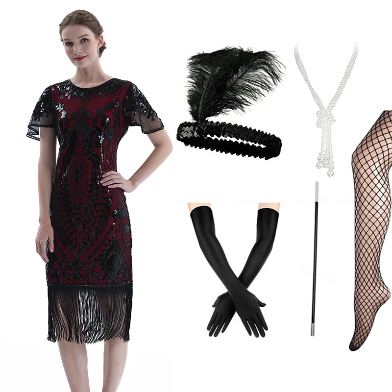 Черное Серебряное платье-хлопушка с рукавами в стиле 20-х годов винтажном Великий