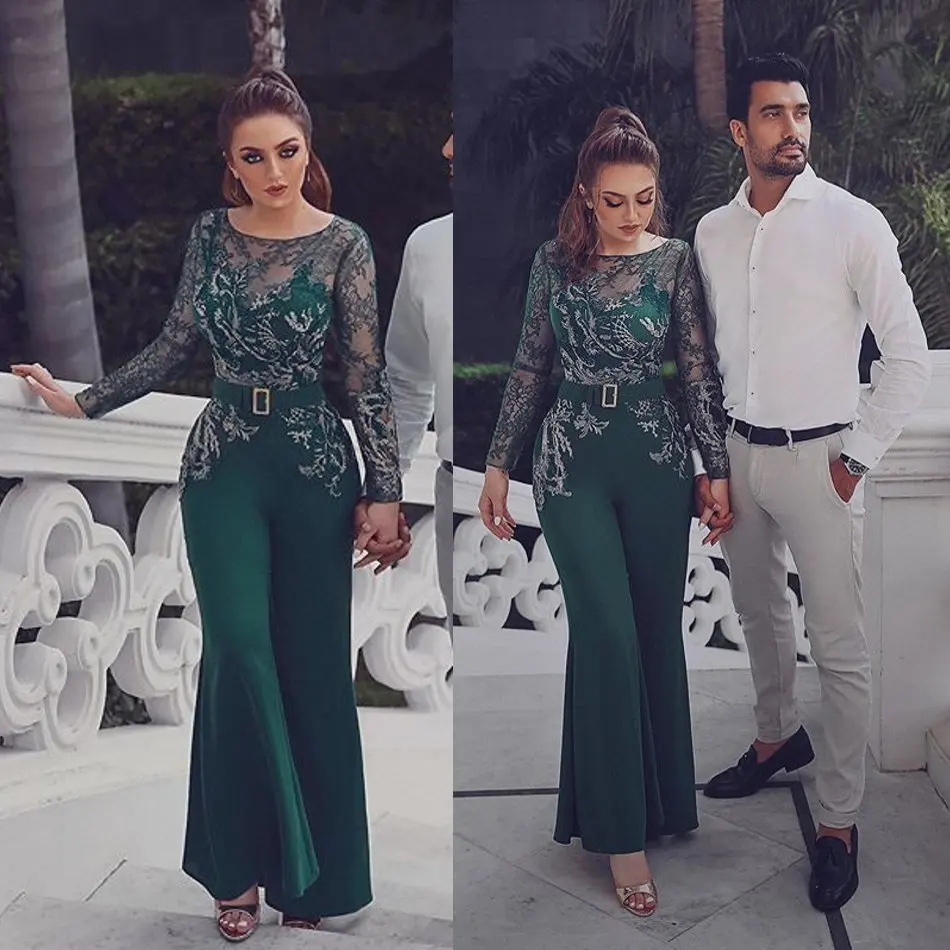 

Dark Green 2020 Jumpsuits Prom Dresses Long Sleeve Lace Appliqued Jewel Neck Party Gowns Turkish Vestidos Formal Dress Evening