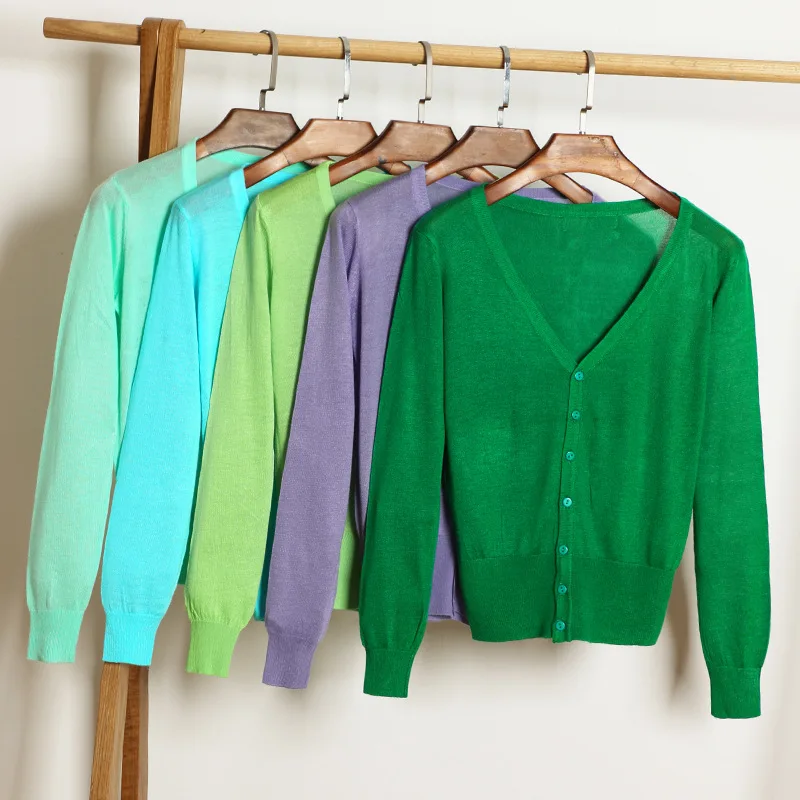 

2019 Top Selling Summer New Thin Long Sleeve V-neck Female Knitted Tops Coat Casual Short Solid Color Woman Sweater Cardigans