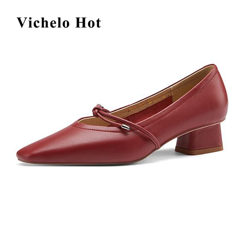 

Vichelo Hot full grain leather med heels slip on European square toe streetwear butterfly-knot gorgeous preppy style pumps L60