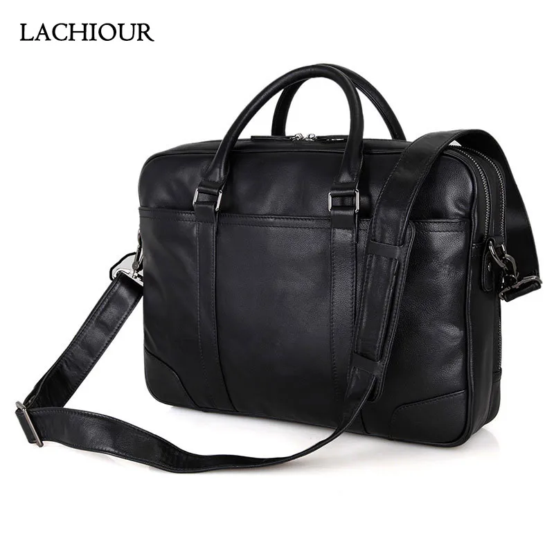 LACHIOUR 15 inch Laptop Bag Men Genuine Leather Briefcase Male Business Handbag Double Zipper Soft Cow Leather Messenger Bag