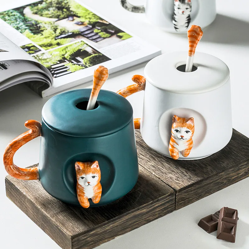 

INS CERAMIC Shiba Akita DOG ON WINDOW 500ML HANDEL COFFEE TEA MUGS CUP CUTE Cat Kitty ANIMALS STYLE COVER SPOON