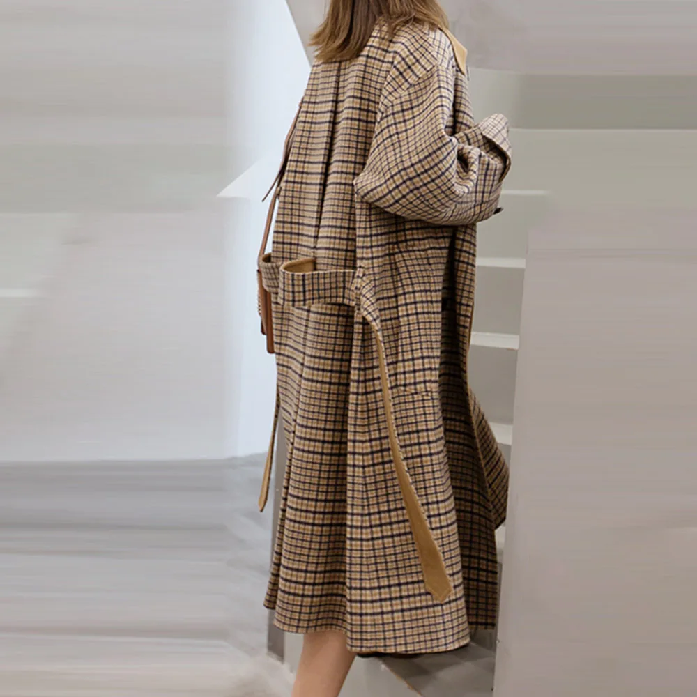 

Camel Elegant Women Plaid Wool Coat Winter Vintage Hepburn Fashion Overcoat Belt Button Loose Long Female Casual Outwear Coats