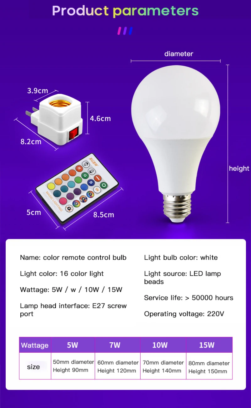 

5W 7W 10W 15W LED RGB Light Bulb E27 RGB White/Warm White Bulb 24 Keys IR Remote Controller Smart Changeable Color Lampada