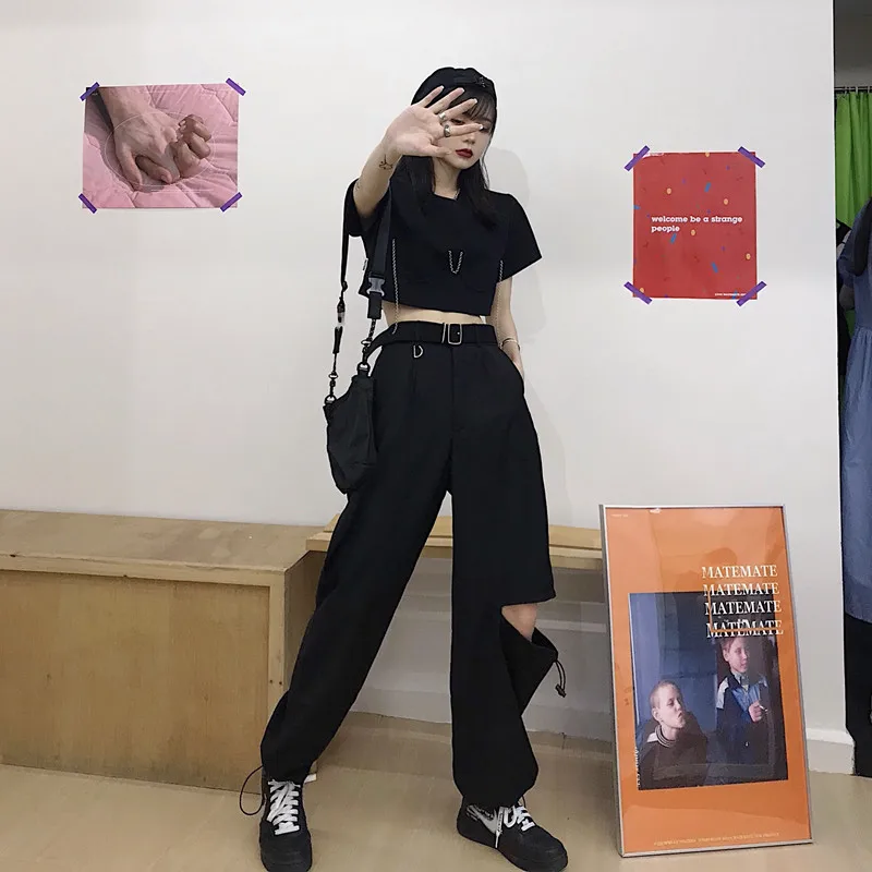 

2020 Women'Pants Fashion High Waist pants Big hole Cargo pants Baggy Tactical Trouser Loose Streetwear hip hop joggers pants