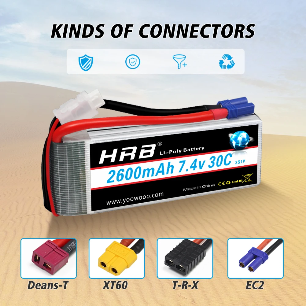HRB 2S Lipo Аккумулятор 7.4V 2600мАч для дрона 30C с разъемами Deans EC2 EC3 для Hubsan H501S Wltoys V262 V333 RC самолета Quadcopter on.
