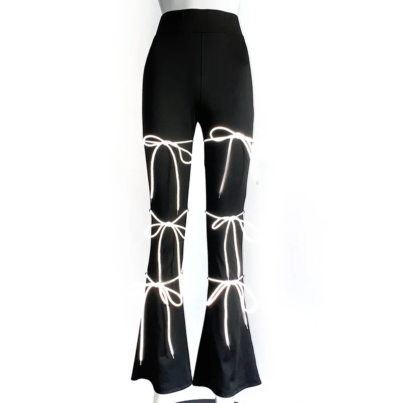 

Women 2021 Spring New Solid Color High Waist Tether Bandage Flare Pants Fashion Lady Elastic Waist Slim Fit Sweatpants