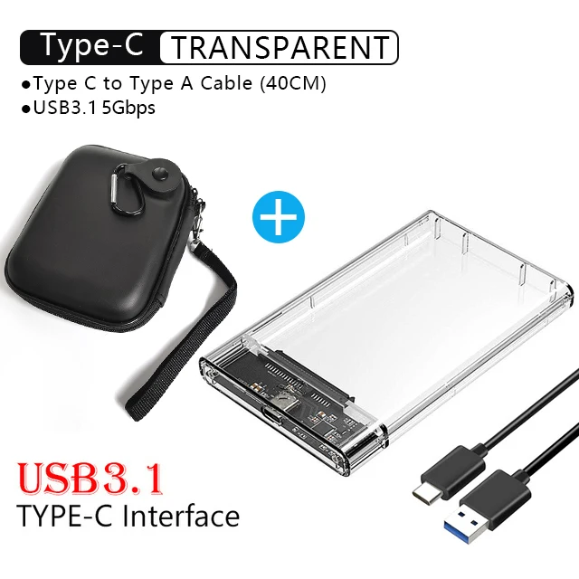 

Корпус для жесткого диска T09 USB3.0/Type C 2,5 '', Прозрачный чехол для мобильного жесткого диска USB3.1 SSD, портативный жесткий диск с кабелем USB C