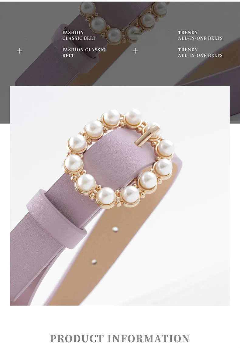 Fashion Pearl Decorative Belt Ladies Belt Round Pin Buckle Pearl Belts Women's Casual Solid PU Leather Thin Belt