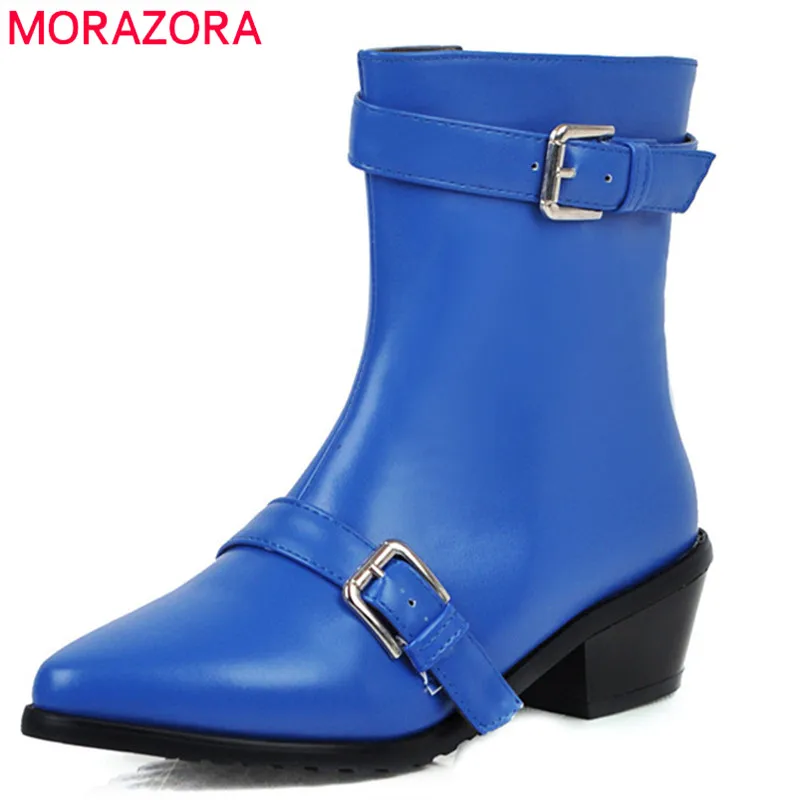 Женские ботильоны с пряжкой MORAZORA Черные полусапожки на молнии острым носком