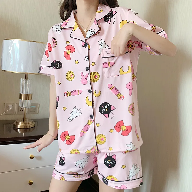 

Sailor Moon Kawaii Pajamas for Women Cotton Turn-down Collar Pyjamas Short Sleeves Suit Sleepwear Female Summer Cartoon Homewear