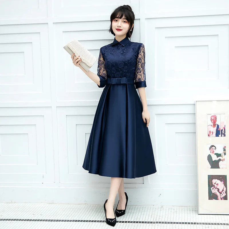 

Лоскутное кружевное темно-синее Вечернее Платье макси с коротким рукавом в стиле знаменитостей облегающее элегантное офисное платье в Кор...