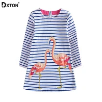 dxton cartoon girls dresses flamingo kids casual dress for girl striped children cotton clothing applique toddler girls vestidos